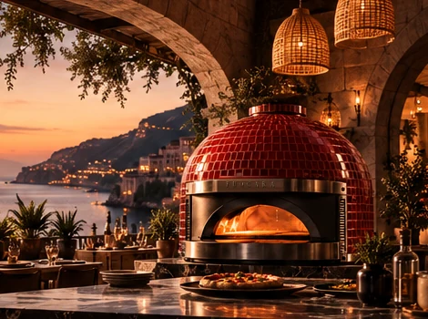 A FUOCARA oven on a coastal terrace under rattan lanterns
