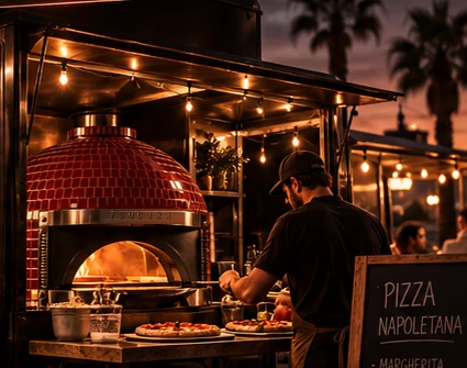 A FUOCARA oven inside a food truck lit by string lights