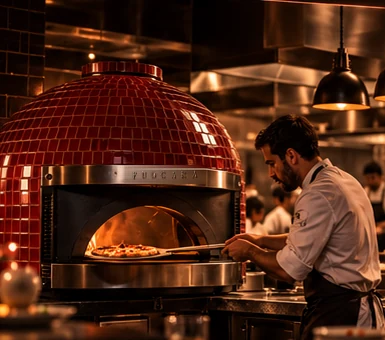 A chef pulling a pizza from a FUOCARA oven in a busy professional kitchen
