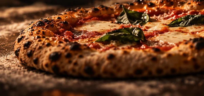 A Neapolitan margherita with a leopard-spotted crust and fresh basil