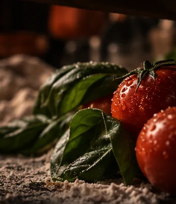 San Marzano tomatoes and basil on a floured bench